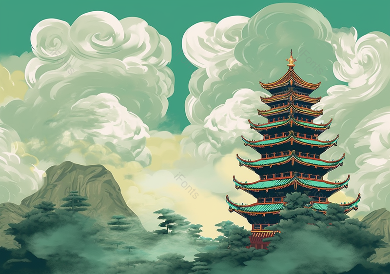 高山上的亭台楼阁建筑插画背景,插画/手绘图,插画/手绘图库,插画/手绘图下载,插画/手绘